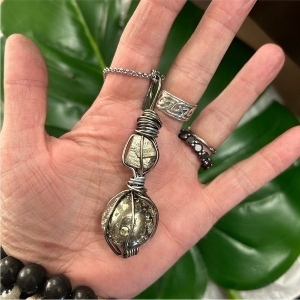Double Hematite Wire Wrapped Pyrite Crystal Pendant Stainless Steel Necklace